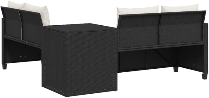 Patio Sofa with Table and Cushions, Outdoor Dining Sets Patio Conversation Set Bistro Set Front Porch Furniture for Piazza Poolside Negotiation Area Exhibition L-Shaped Black Poly Rattan