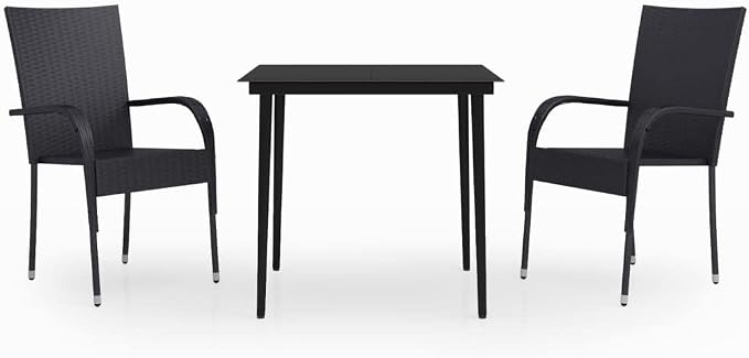 3 Piece Patio Dining Set Black Outdoor Bistro Table and Chairs for Garden Balcony Porch Deck with Glass Top PE Rattan and Steel Frame