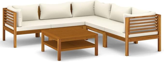 Patio Lounge Set with Cream Cushion,Patio Furniture Sets,Patio Conversation Sets,Outdoor Furniture Sets,for Garden,Backyard,Outdoor,6 Piece Solid Acacia Wood