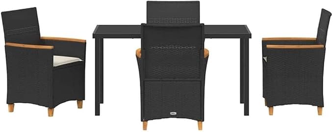 Afuera Living 5 Piece Poly Rattan Garden Dining Set, Black Finish, Steel Frame with Glass Tabletop, Weather-Resistant and Durable, Modern Patio or Outdoor Terrace Seating for 4