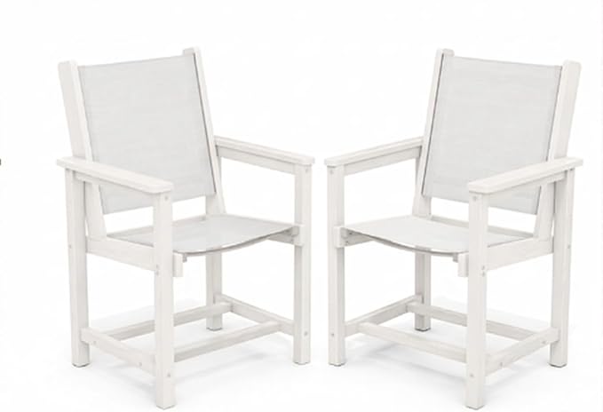 SERWALL Outdoor Dining Chairs Set of 2, All-Weather HDPE Textilene Sling Dining Chair for Backyard, Garden, White