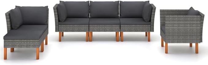 6 Piece Patio Lounge Set,Patio Sofa,Outdoor Daybed,Outdoor Couch,Patio Seating,Patio Conversation Sets,Outdoor Furniture Sets,for Backyard,Garden,Deck, Poly Rattan and Eucalyptus Wood Gray