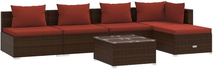 6 Piece Patio Lounge Set with Cushion, Piece Patio Set Outdoor Patio Sectional Furniture Conversation Sets Patio Lounge Set s Poly Rattan Brown