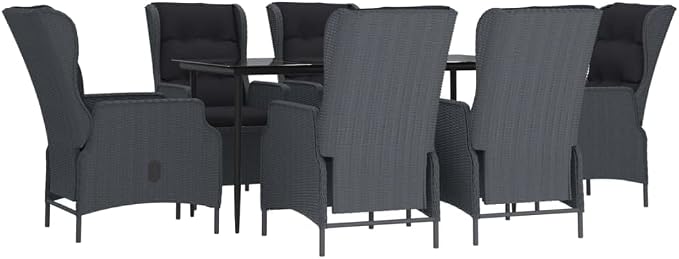 7 Piece Patio Dining Set with Dark Gray Poly Rattan, Tempered Glass Table, and Adjustable Backrest Chairs for Outdoor Garden