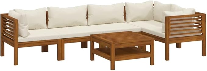 6 Piece Patio Lounge Set, Patio Conversation Set Sectional Sofa Porch Furniture Set Outdoor Dining Sets for Garden Poolside Piazza Negotiation Area with Cream Cushion Solid Acacia Wood