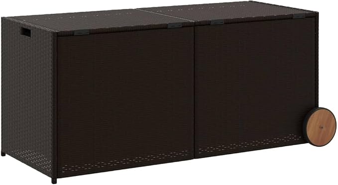 Outdoor Garden Storage Box with Wheels, Wicker Patio Deck Box, Outdoor Rattan Storage Container, Brown 74.8 Gal Poly Rattan