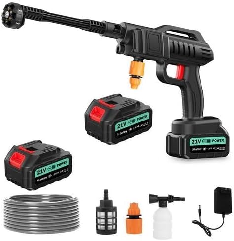 Cordless Portable Washer, 1450 PSI Portable Battery Power Washer, Cordless Portable Jet Washer with 6-in-1 Adjustable Nozzle, 2×3.0Ah Batteries, Charger, 5m Hose for Vehicle, Driveway Deck