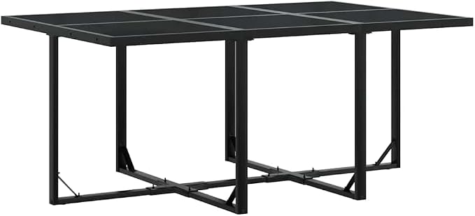 7 Piece Patio Dining Set with Cushions Black Poly Rattan Outdoor Garden Furniture Table and 6 Chairs Tempered Glass Top Foldable Compact Storage Weather Resistant UV Proof