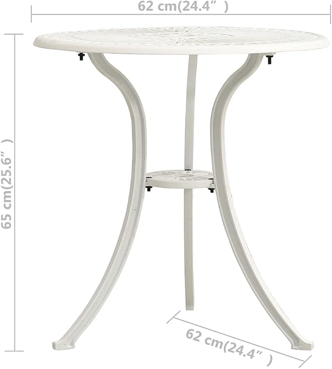 (Fast Delivery) Cast Aluminum Dining Table Outdoor Retro Bistro Table Round Dining Table with Umbrella Hole for Patio or Garden Garden Table White 24.4"x24.4"x25.6" Cast Aluminum