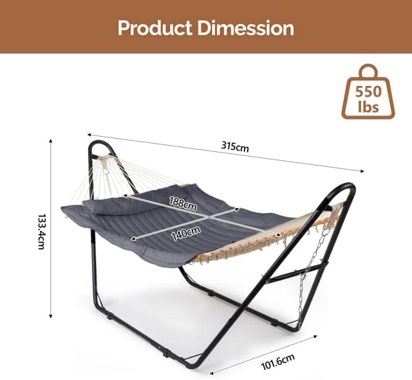 Hammock with Stand, Quilted Pad & Pillow, 76.8 x 55.1in Bed (Grey) | Anti-Rust Iron Frame, Adjustable Steel Chains
