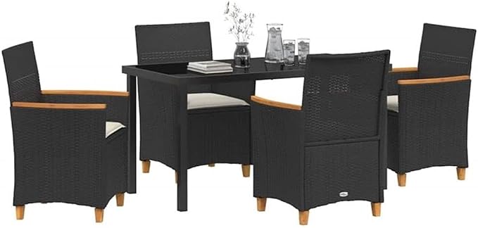 Afuera Living 5 Piece Poly Rattan Garden Dining Set, Black Finish, Steel Frame with Glass Tabletop, Weather-Resistant and Durable, Modern Patio or Outdoor Terrace Seating for 4
