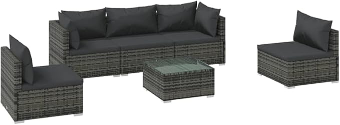 6 Piece Patio Lounge Set with Cushion, Outdoor Patio Sectional Patio Lounge Set Piece Patio Set Furniture Conversation Sets s Poly Rattan Gray