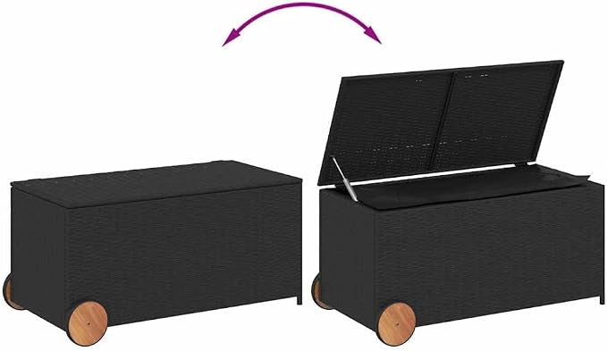 Black Outdoor Storage Box with Wheels, 50.2 Gal Poly Rattan Patio Storage Box for Cushions and Blankets