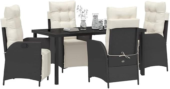 Afuera Living 5 Piece Poly Rattan Patio Dining Set, Black, Adjustable Footrests, Cushioned Polyester Seat Pads, Tempered Glass Tabletop, Modern Outdoor Furniture for Garden, Terrace, or Backyard Use