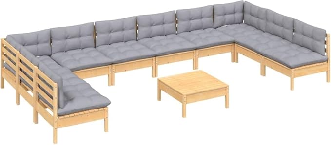Patio Furniture Sets,Outdoor loveseat,Patio Conversation Sets,11 Piece Patio Lounge Set with Gray Cushions Solid PinewoodSuitable for Patio, Garden, Gazebo Low