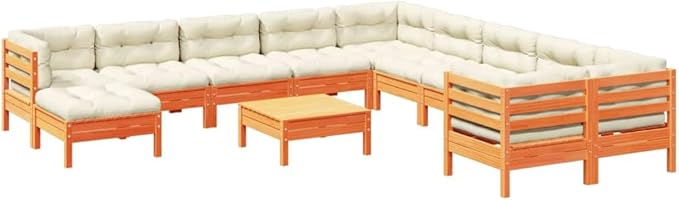 12 Piece Patio Sofa Set with Cushions, Porch Furniture Set Garden Lounge Set Outdoor Sofa Sets Patio Conversation Set for Exhibition Piazza Poolside Wax Brown Solid Wood Pine
