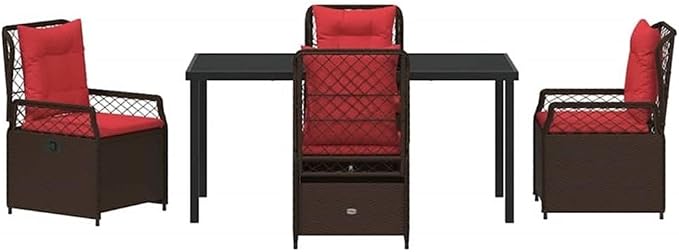 Afuera Living 5 Piece Poly Rattan Garden Dining Set, Brown Finish, Weather-Resistant Material with Glass Tabletop, Foam-Padded Chairs, Adjustable Backrest, Powder-Coated Frame, Outdoor Patio or