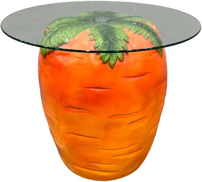 Carrot Shaped Side Table with Glass Top Resin Fruit Stool Novelty End Table for Living Room Bedroom Patio Garden, Outdoor Indoor Accent Table