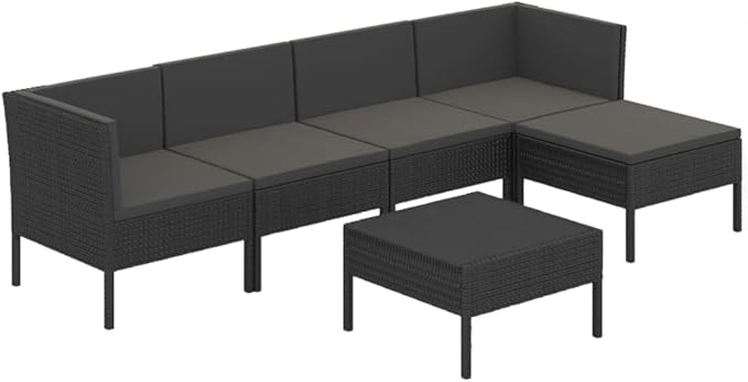 6 Piece Patio Lounge Set with Cushions,Patio Sofa,Outdoor Daybed,Outdoor Furniture Sets,Patio Seating,Patio Conversation Sets,Modern Set,Patio Furniture Set,Front Porch Furniture, Poly Rattan Black