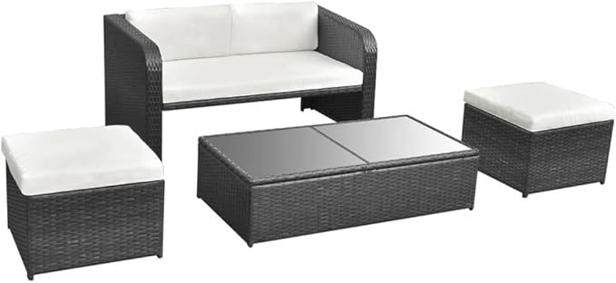 Patio Lounge Set with Cushions,Outdoor Patio Furniture,Conversation Furniture,Patio Furniture Sets,for Terrace,Garden,Backyard,4 Piece Black Poly Rattan