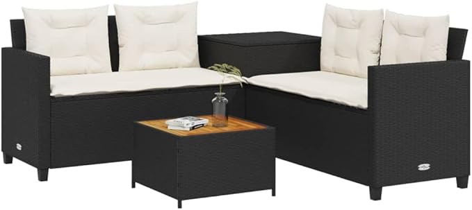 Patio Sofa with Table and Cushions, Outdoor Dining Sets Patio Conversation Set Bistro Set Front Porch Furniture for Piazza Poolside Negotiation Area Exhibition L-Shaped Black Poly Rattan