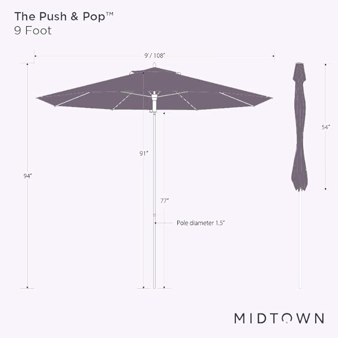 Midtown Umbrellas Push & Pop 9 Ft Patio Umbrellas with Push & Pop Mechanism, Fiberglass Ribs & Sunbrella Fabric – Outdoor Umbrella for Deck, Pool, Cafés and Hotels – Dark Blue Canopy, Black Pole