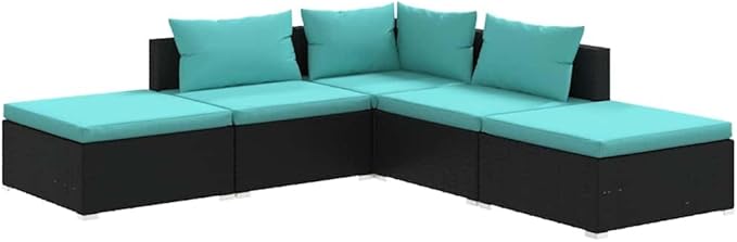 5 Piece Patio Lounge Set with Cushions, Sectional Sofa Porch Furniture Set Outdoor Dining Sets Patio Conversation Set for Piazza Exhibition Poolside Negotiation Area Poly Rattan Black