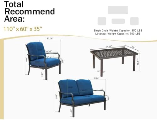 Outdoor 4 pcs Patio Conversation Set, Metal Dining Table and Chairs Dining Set with Removable Navy Blue Cushions for Garden Lawn Yard
