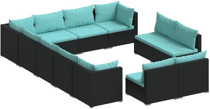 12 Piece Patio Lounge Set with Cushions, Front Porch Furniture Outdoor Dining Sets Outdoor Sofa Sets Patio Conversation Set for Exhibition Negotiation Area Garden Poolside Black Poly Rattan