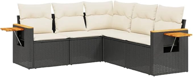 vidaXL Patio Sofa Set with Cushions 5 Piece, Outdoor Conversation Set, Sectional Sofa for Balcony Garden, Modern Style, Black Poly Rattan