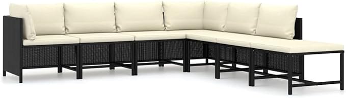 7-Piece Modular Patio Furniture Set, Black Powder-Coated PE Rattan Outdoor Sectional Couch with Cream White Cushions, 23.6" Square Seats for Balcony, Porch, Garden and Deck