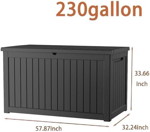230 Gallon Deck Box, Waterproof Resin Rattan Outdoor Storage Box with Lockable Lid, Fade Resistant Patio Storage Box for Garden Tools, Pool Accessories, Outdoor Cushions, Black