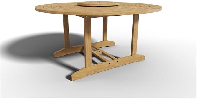 Pemberly Row 59" Round Teak Outdoor Dining Table with Lazy Susan, Natural Finish, Premium Teak Construction, Hand-Sanded, Slated Top, Patio Furniture for Outdoor Dining and Al Fresco Meals