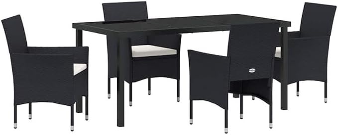 Afuera Living 5 Piece Patio Dining Set, Poly Rattan and Tempered Glass, Black Finish, Weather-Resistant Cushions, Powder-Coated Steel Frame, Modern Style Outdoor Furniture for Garden, Deck, or