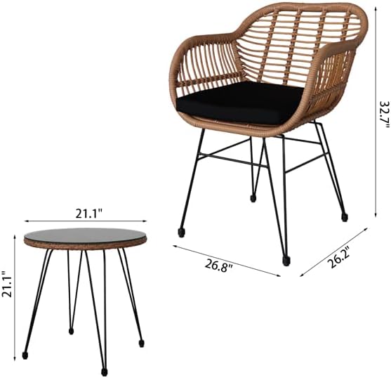 Oshion 3 pcs Wicker Rattan Patio Conversation Set with Tempered Glass Table Flaxen Yellow