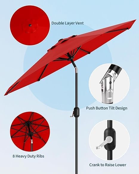 IDEALHOUSE 9Ft Outdoor Patio Umbrella, 8 Sturdy Ribs Table Umbrella With Crank Lift & Push Button Tilt, Market Umbrella UV Protection Waterproof for Garden, Deck, Backyard, Pool
