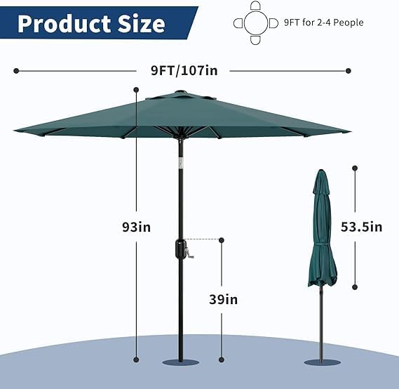 IDEALHOUSE 9Ft Outdoor Patio Umbrella, 8 Sturdy Ribs Table Umbrella With Crank Lift & Push Button Tilt, Market Umbrella UV Protection Waterproof for Garden, Deck, Backyard, Pool