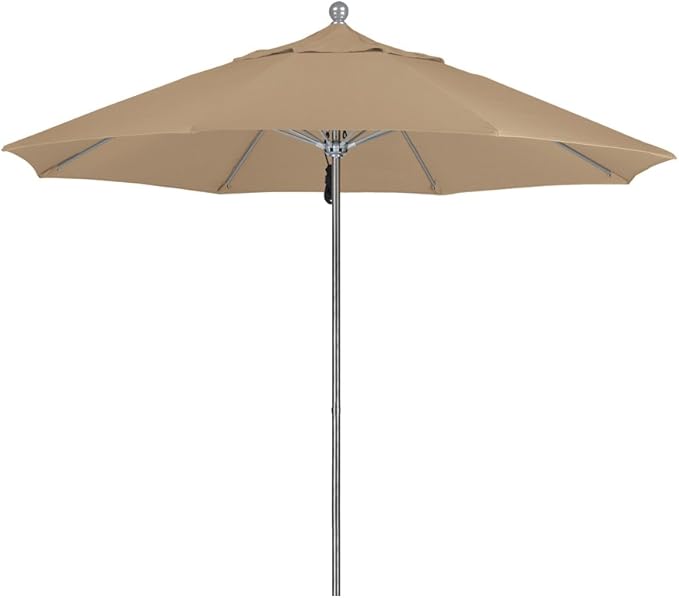 California Umbrella 9' Round Aluminum/Fiberglass Umbrella, Push Open, Silver Pole, Sunbrella Linen Sesame