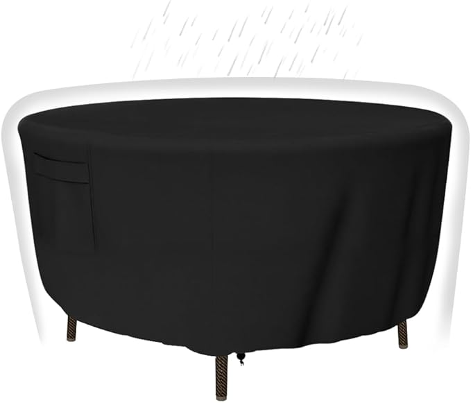 Patio Furniture Covers - Heavy Duty Round Table Cover (110D x 28H Inch) for Outdoor Dining & Coffee Table, Chair - Waterproof & Weather Resistant, Anti UV - Black