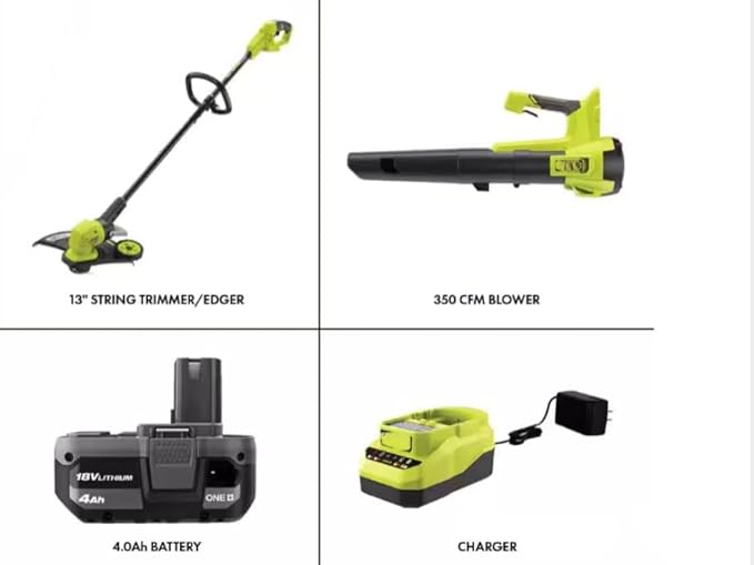 PCLCK202K Fits For RYOBI 18V Cordless Battery String Trimmer/Edger and Jet Fan Blower Combo Kit (2-Tools) with 4.0 Ah Battery and Charger