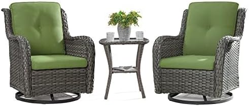 Outdoor 360 Degree Swivel Rocker Patio Chairs Sets of 2 and Matching Side Table - 3 Piece Patio Wicker Glider Chairs with Olefin Cushions(Mixed Grey/Green)
