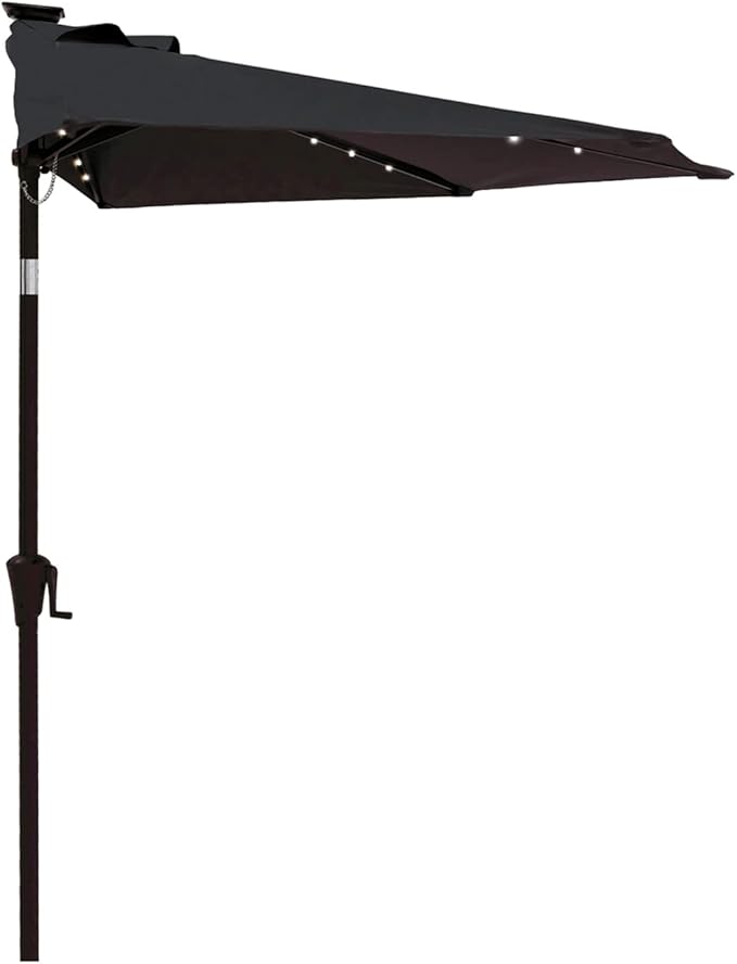 Helios&Hestia 9 ft Small Half Round Solar Powered Wall Outdoor Market Patio Umbrella with LED Lights and Tilt for Garden, Deck, Balcony