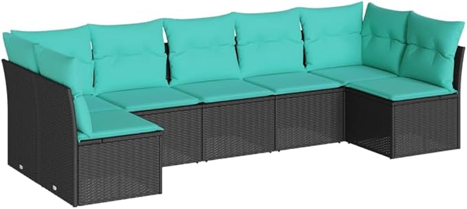 7 Piece Patio Sofa Set with Cushions, Patio Conversation Set Porch Furniture Set Front Porch Furniture Outdoor Sofa Sets for Garden Exhibition Poolside Negotiation Area Black Poly Rattan