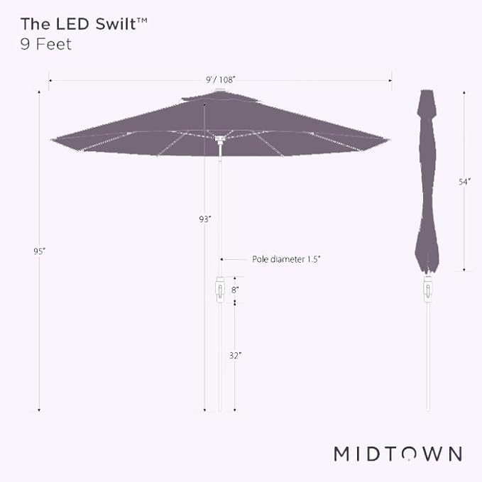 Midtown Umbrellas The LED Swilt 9 Feet Patio Umbrella With Terylast Ivory (White) Polyester Fabric - Auto-Tilt Aluminum Frame With LED Lights For Backyard, Deck, Garden, Pool - Black Pole