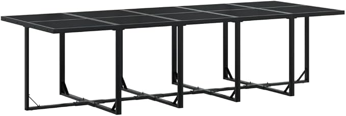 17 Piece Patio Dining Set with Cushions Black Textilene Outdoor Furniture Table Chairs Stools Tempered Glass UV Resistant Fade Proof Foldable Storage Space Saving