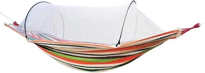 Outdoor Double Hammock with Protective Mesh, Camping Thick Canvas Hanging Bed, Storage Bag/tie Rope, Load Bearing 300kg/661.4lbs(Orange Stripes)