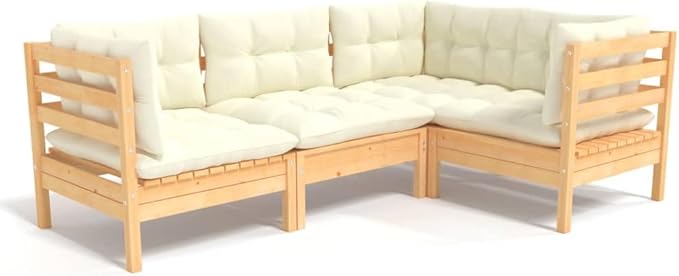 4 Piece Patio Lounge Set with Cream Cushions, Sectional Sofa Front Porch Furniture Patio Conversation Set Outdoor Sofa Sets for Exhibition Poolside Piazza Negotiation Area Pinewood