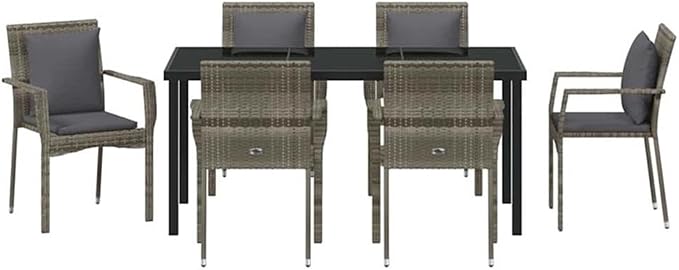 Afuera Living 7 Piece Poly Rattan Patio Dining Set, Gray Finish, Includes Cushions, Tempered Glass Tabletop, Seating for 6, Durable Lightweight Design, Modern Style Outdoor Garden or Patio Furniture