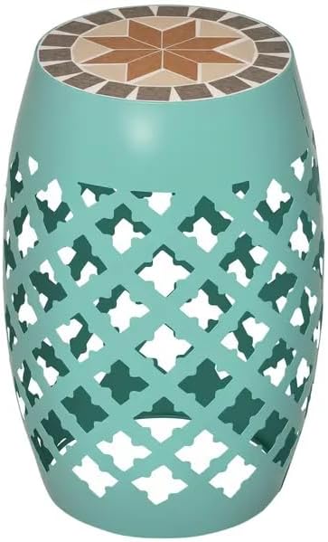 Light Turquoise 18" Patio Round Side Table, Ceramic Mosaic Tile Top Garden Stool with Decorative Lattice Design, Metal Outdoor End Table for Balcony, Porch, Yard, Plant Stand, 175lbs Capacity