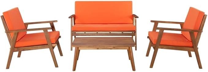 Linon Cooper Acacia Wood 4 Seater Removable Cushion Outdoor Patio Conversation Chat Sofa Set in Acorn Brown with Coffee Table